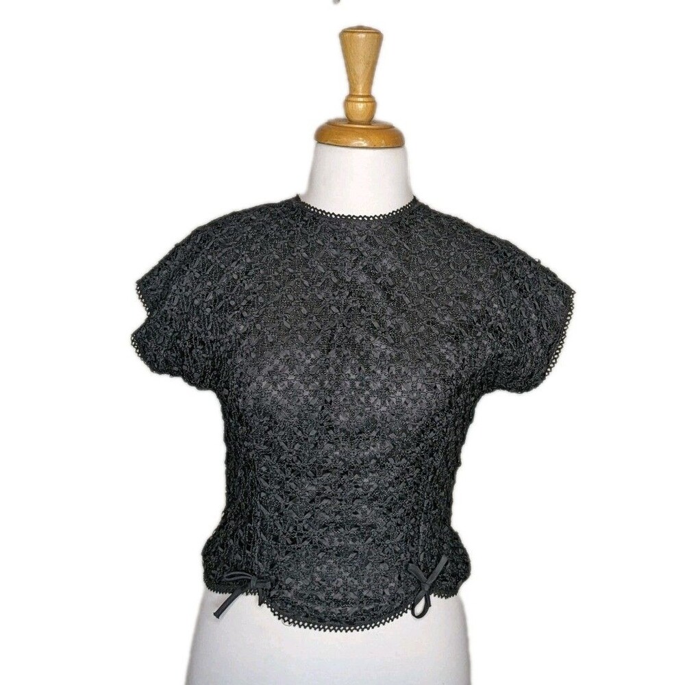 Vtg 50s RAB S/S Black Ribbon Lacey Knit Blouse Top Lined S Fitted Shell B32
